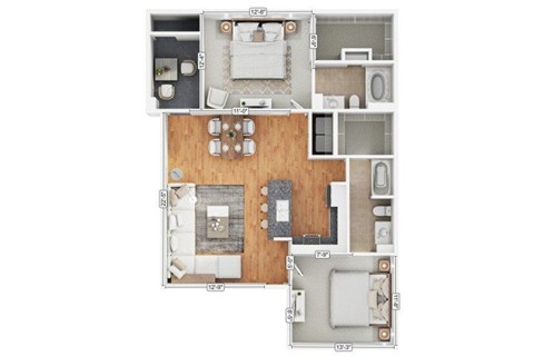 Floor plan for 2 beds, 2 baths, 1175 sqft