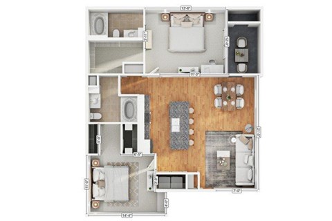 Floor plan for 2 beds, 2 baths, 1140 sqft