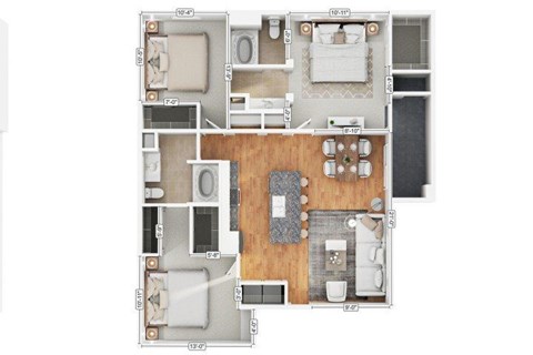 Floor plan for 3 beds, 2 baths, 1253 sqft