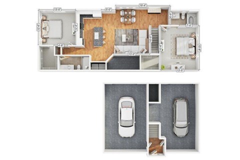 Floor plan for 2 beds, 2 baths, 1261 sqft