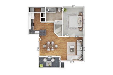 Floor plan for 1 bed, 1 bath, 715 sqft