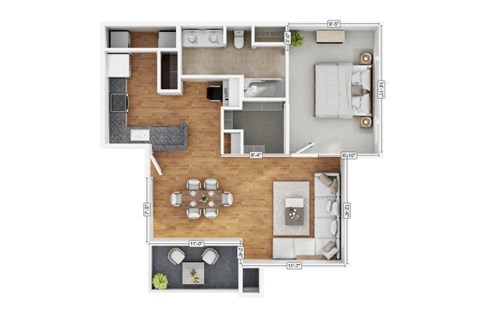 Floor plan for 1 bed, 1 bath, 777 sqft