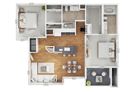 Floor plan for 2 beds, 2 baths, 1085 sqft