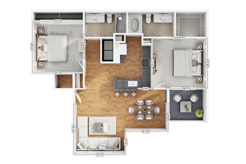 Floor plan for 2 beds, 2 baths, 992 sqft