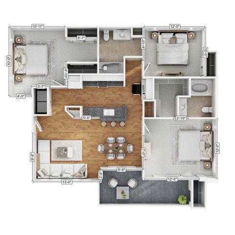 Floor plan for 3 beds, 2 baths, 1210 sqft
