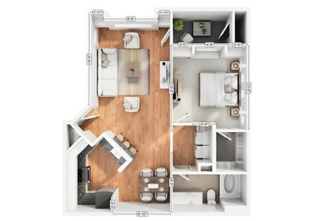 Floor plan for 1 bed, 1 bath, 757 sqft