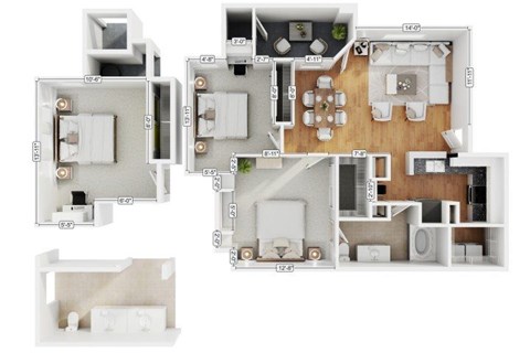 Floor plan for 2 beds, 1 bath, 966 sqft