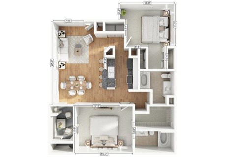 Floor plan for 2 beds, 2 baths, 1140 sqft