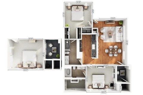 Floor plan for 2 beds, 2 baths, 1182 sqft