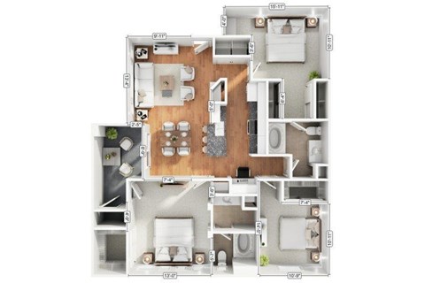 Floor plan for 3 beds, 2 baths, 1232 sqft
