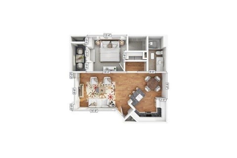 Floor plan for 1 bed, 1 bath, 757 sqft