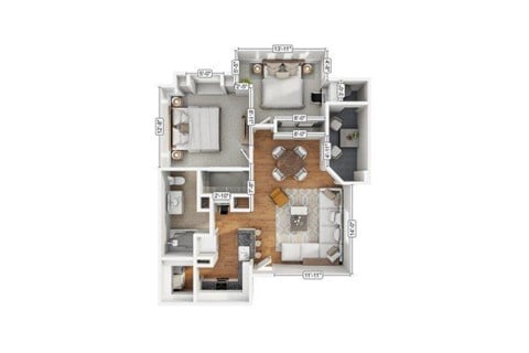 Floor plan for 2 beds, 1 bath, 966 sqft