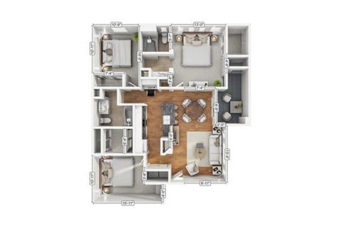 Floor plan for 3 beds, 2 baths, 1232 sqft