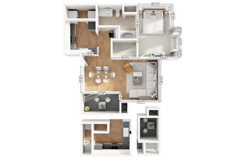 Floor plan for 1 bed, 1 bath, 751 sqft