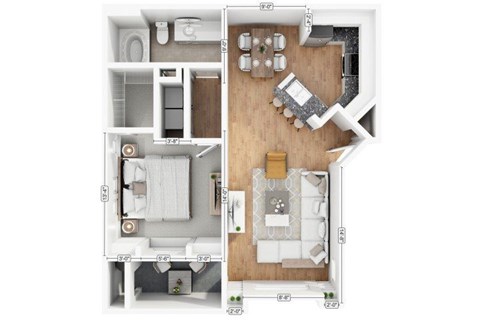 Floor plan for 1 bed, 1 bath, 757 sqft