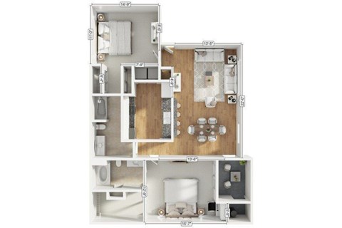 Floor plan for 2 beds, 2 baths, 1182 sqft
