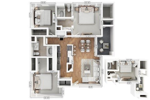 Floor plan for 3 beds, 2 baths, 1232 sqft