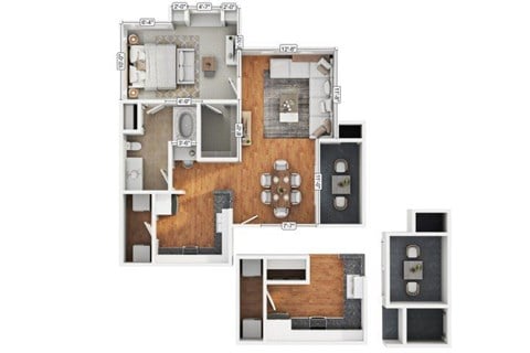 Floor plan for 1 bed, 1 bath, 751 sqft
