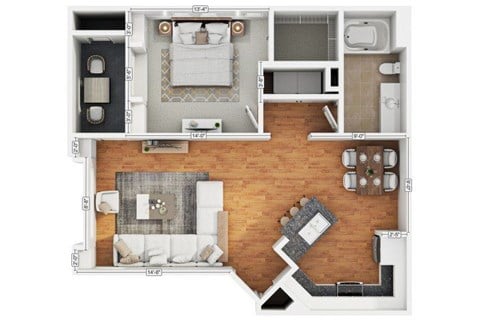 Floor plan for 1 bed, 1 bath, 757 sqft