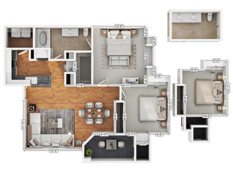 Floor plan for 2 beds, 1 bath, 966 sqft
