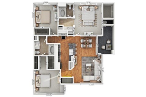 Floor plan for 3 beds, 2 baths, 1232 sqft