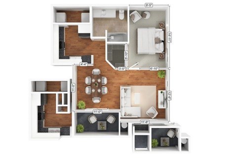 Floor plan for 1 bed, 1 bath, 683 sqft