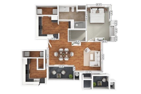 Floor plan for 1 bed, 1 bath, 751 sqft