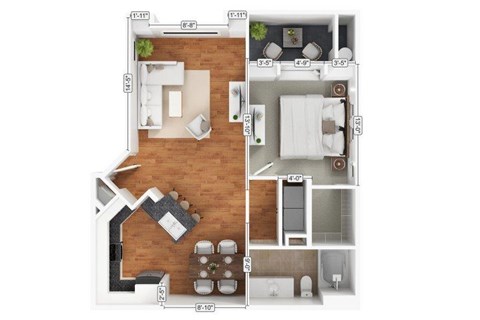 Floor plan for 1 bed, 1 bath, 757 sqft