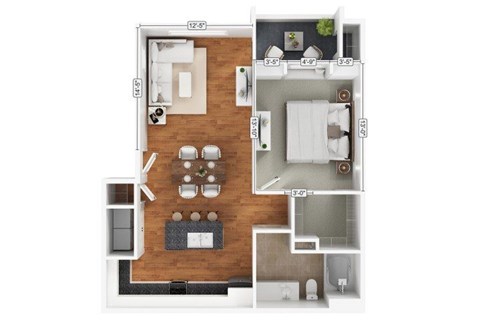 Floor plan for 1 bed, 1 bath, 774 sqft