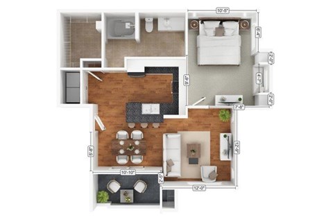 Floor plan for 1 bed, 1 bath, 751 sqft