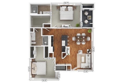 Floor plan for 2 beds, 2 baths, 1140 sqft