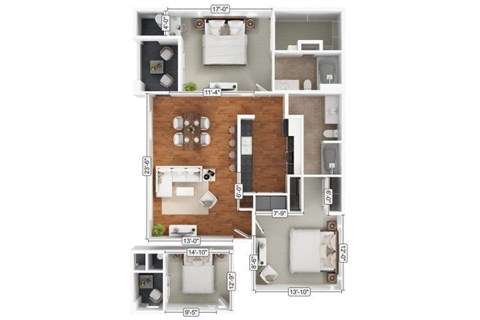 Floor plan for 2 beds, 2 baths, 1182 sqft