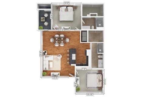 Floor plan for 2 beds, 2 baths, 1175 sqft