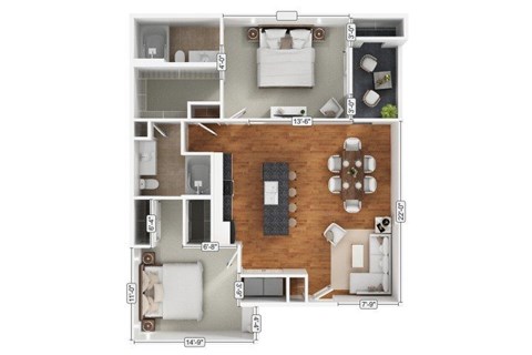 Floor plan for 2 beds, 2 baths, 1140 sqft