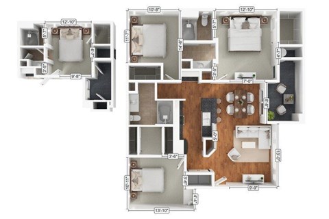 Floor plan for 3 beds, 2 baths, 1232 sqft