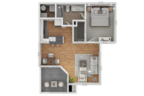 Floor plan for 1 bed, 1 bath, 688 sqft