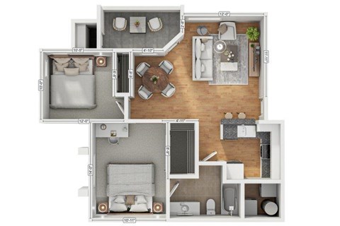 Floor plan for 2 beds, 1 bath, 815 sqft