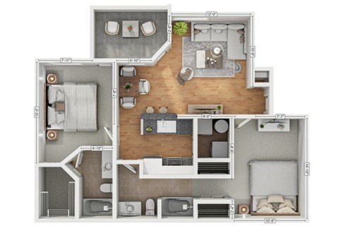 Floor plan for 2 beds, 2 baths, 948 sqft