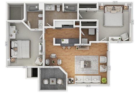 Floor plan for 2 beds, 2 baths, 1061 sqft