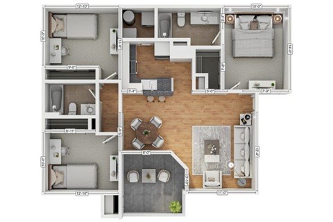 Floor plan for 3 beds, 2 baths, 1133 sqft