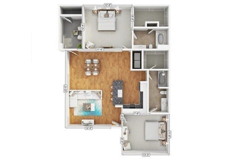 Floor plan for 2 beds, 2 baths, 1175 sqft
