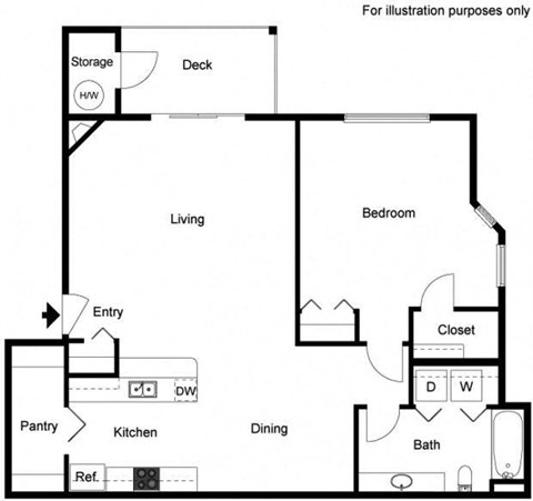 Floor plan for 1 bed, 1 bath, 855 sqft