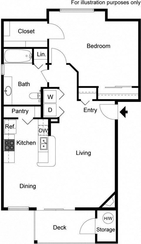 Floor plan for 1 bed, 1 bath, 804 sqft
