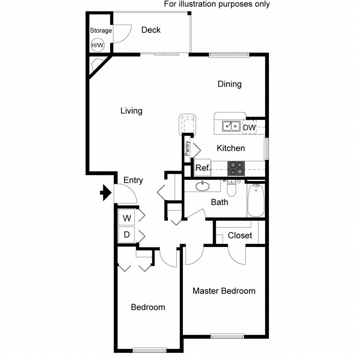Floor plan for 2 beds, 1 bath, 1053 sqft