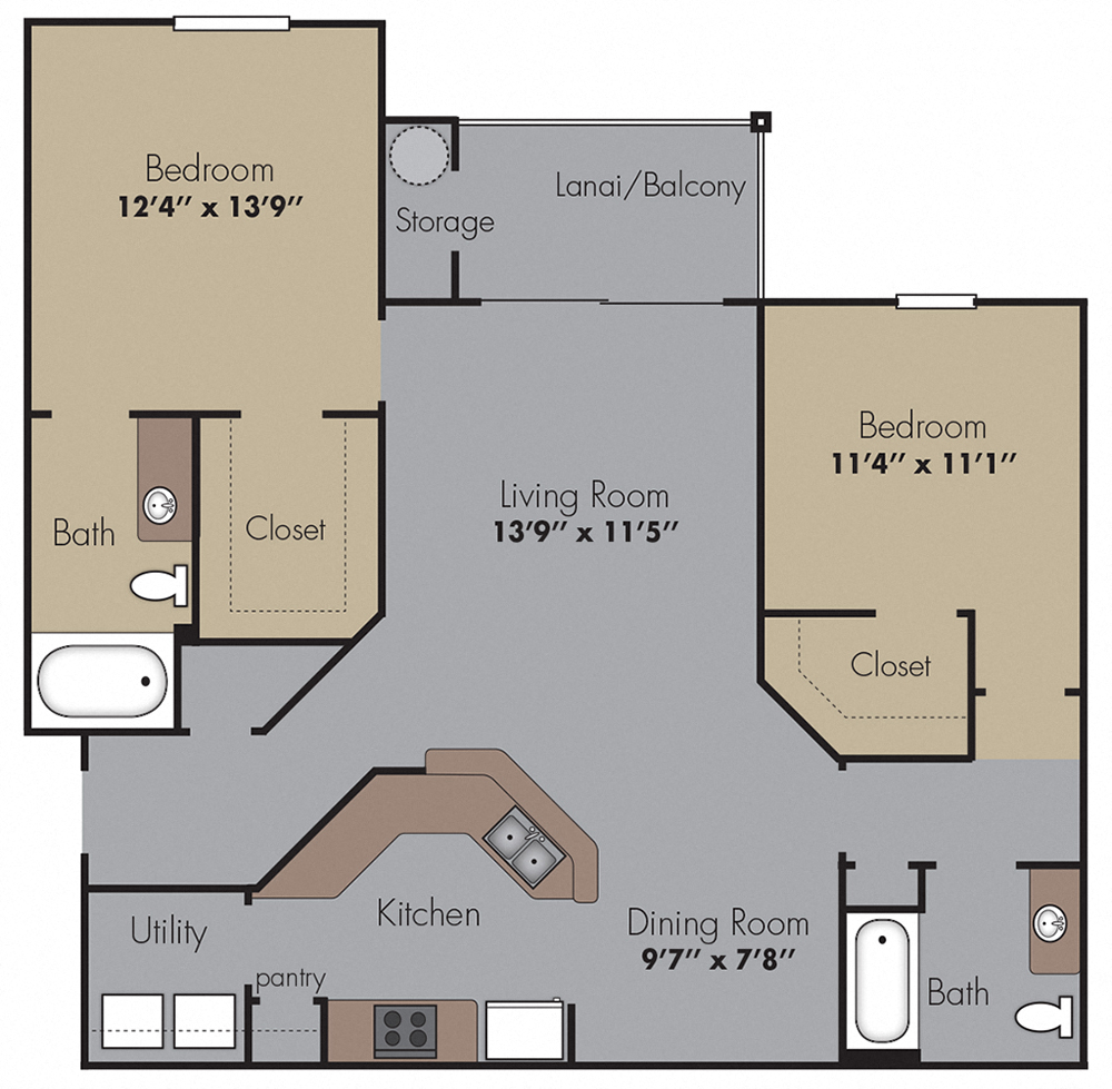 Floor plan for 2 beds, 2 baths, 1245 sqft