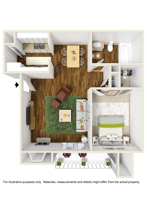 Floor plan for 1 bed, 1 bath, 657 sqft