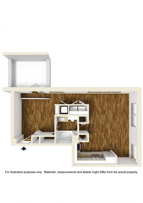 Floor plan for studio, 1 bath, 730 sqft