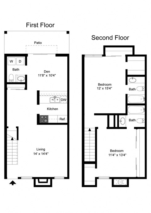 Floor plan for 2 beds, 2.5 baths, 1203 sqft
