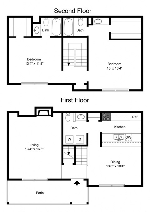 Floor plan for 2 beds, 2.5 baths, 1216 sqft