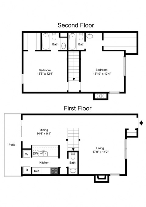 Floor plan for 2 beds, 2.5 baths, 1273 sqft